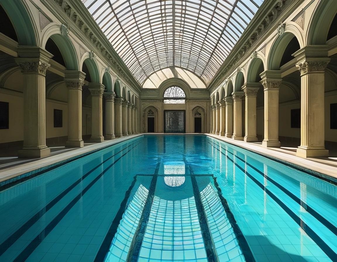 Image with seed 1516989266 generated via Stable Diffusion through @stablehorde@sigmoid.social. Prompt: an image of a swimmingpool inside a museum