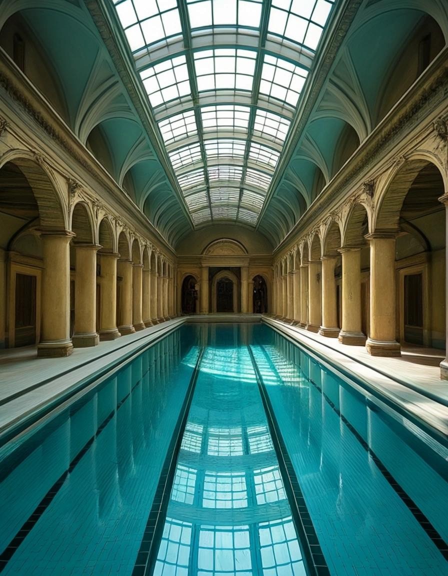 Image with seed 1879563095 generated via Stable Diffusion through @stablehorde@sigmoid.social. Prompt: an image of a swimmingpool inside a museum