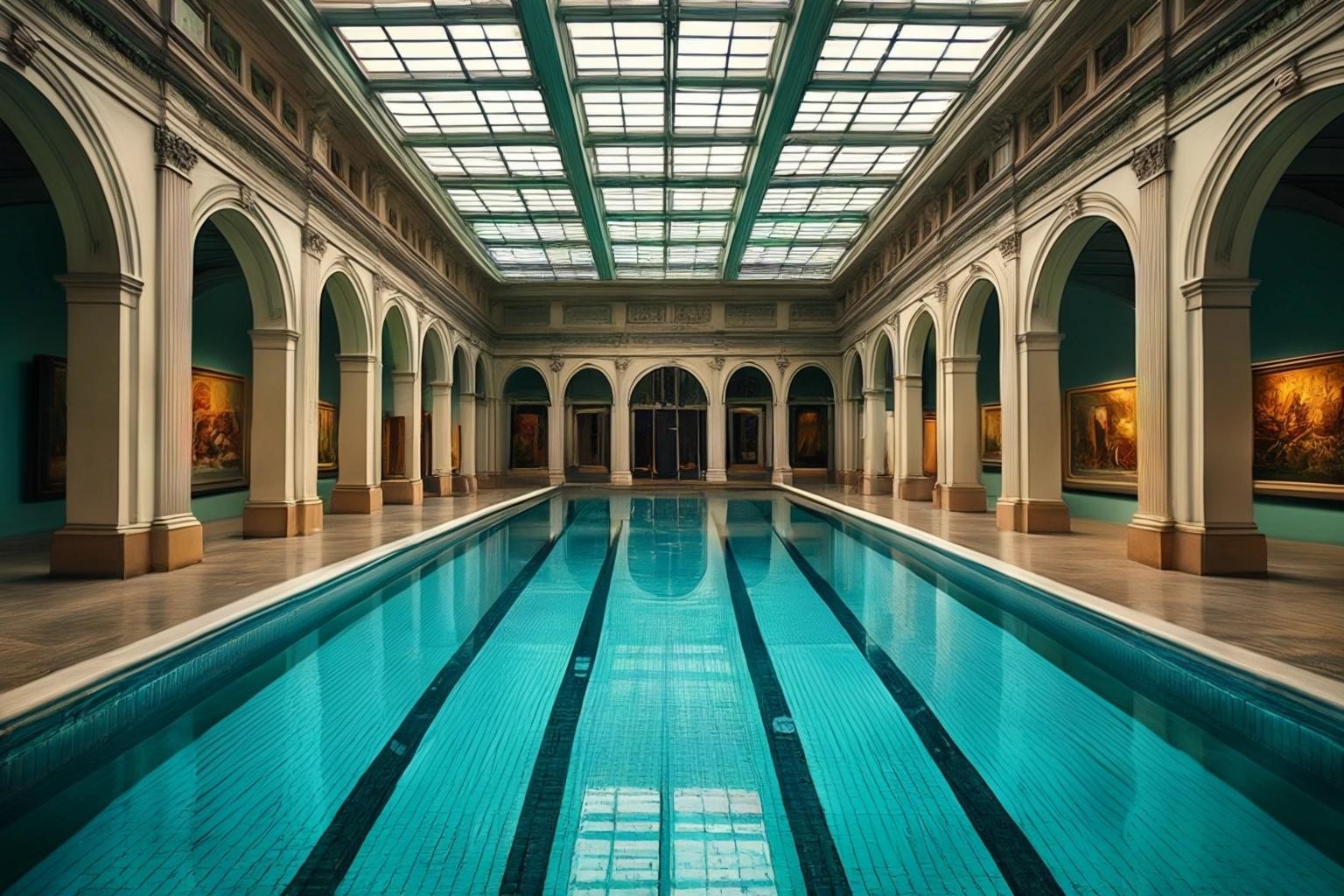 Image with seed 1790000128 generated via Stable Diffusion through @stablehorde@sigmoid.social. Prompt: an image of a swimmingpool inside a museum