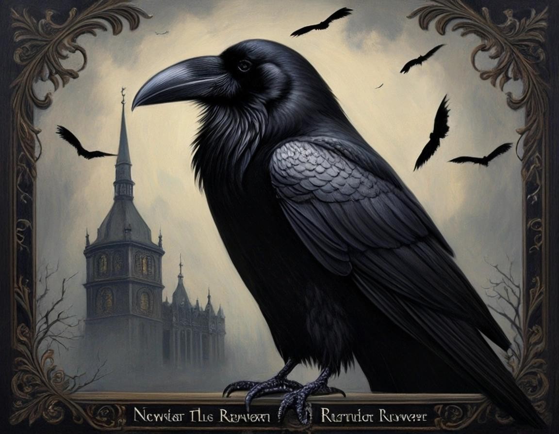 Image with seed 2169516552 generated via Stable Diffusion through @stablehorde@sigmoid.social. Prompt: Quoth the Raven: Nevermore
