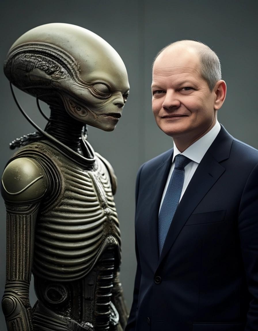 Image with seed 3349230044 generated via Stable Diffusion through @stablehorde@sigmoid.social. Prompt: Olaf Scholz meets the alien ambassador, science fiction