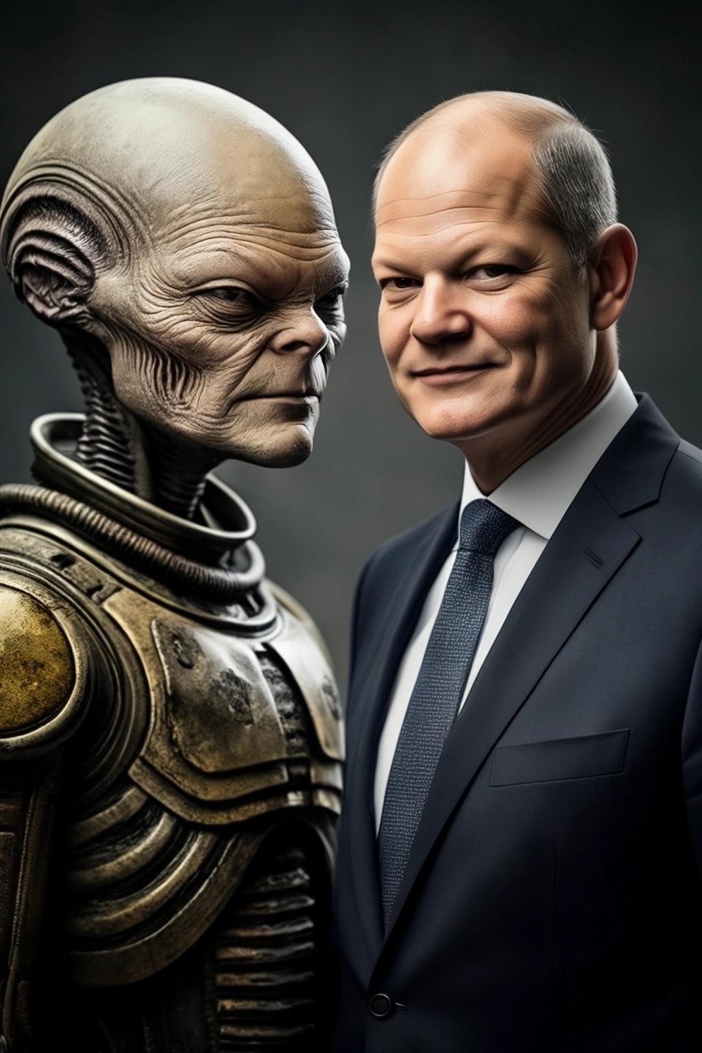 Image with seed 2522231738 generated via Stable Diffusion through @stablehorde@sigmoid.social. Prompt: Olaf Scholz meets the alien ambassador, science fiction