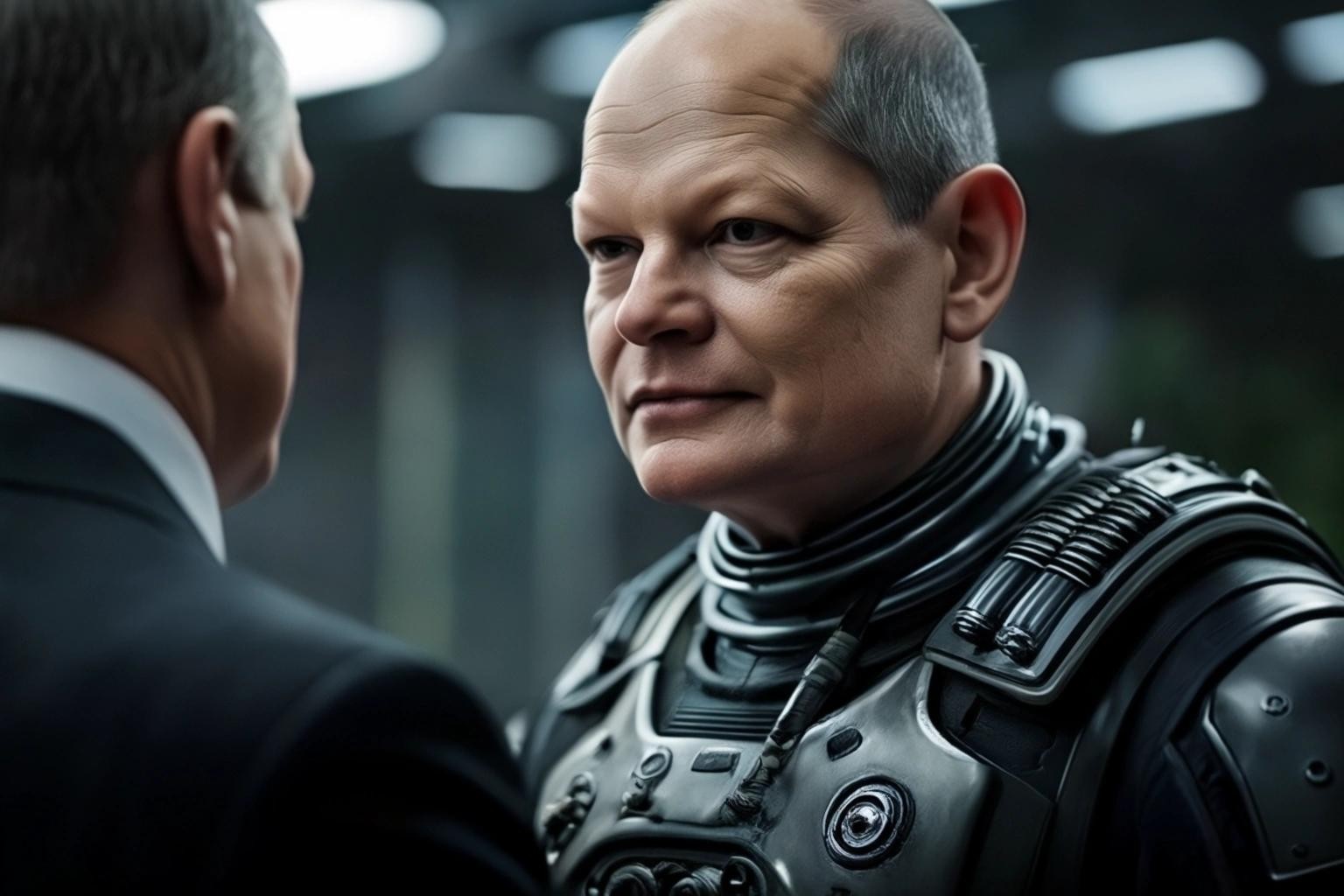 Image with seed 929205149 generated via Stable Diffusion through @stablehorde@sigmoid.social. Prompt: Olaf Scholz meets the alien ambassador, science fiction
