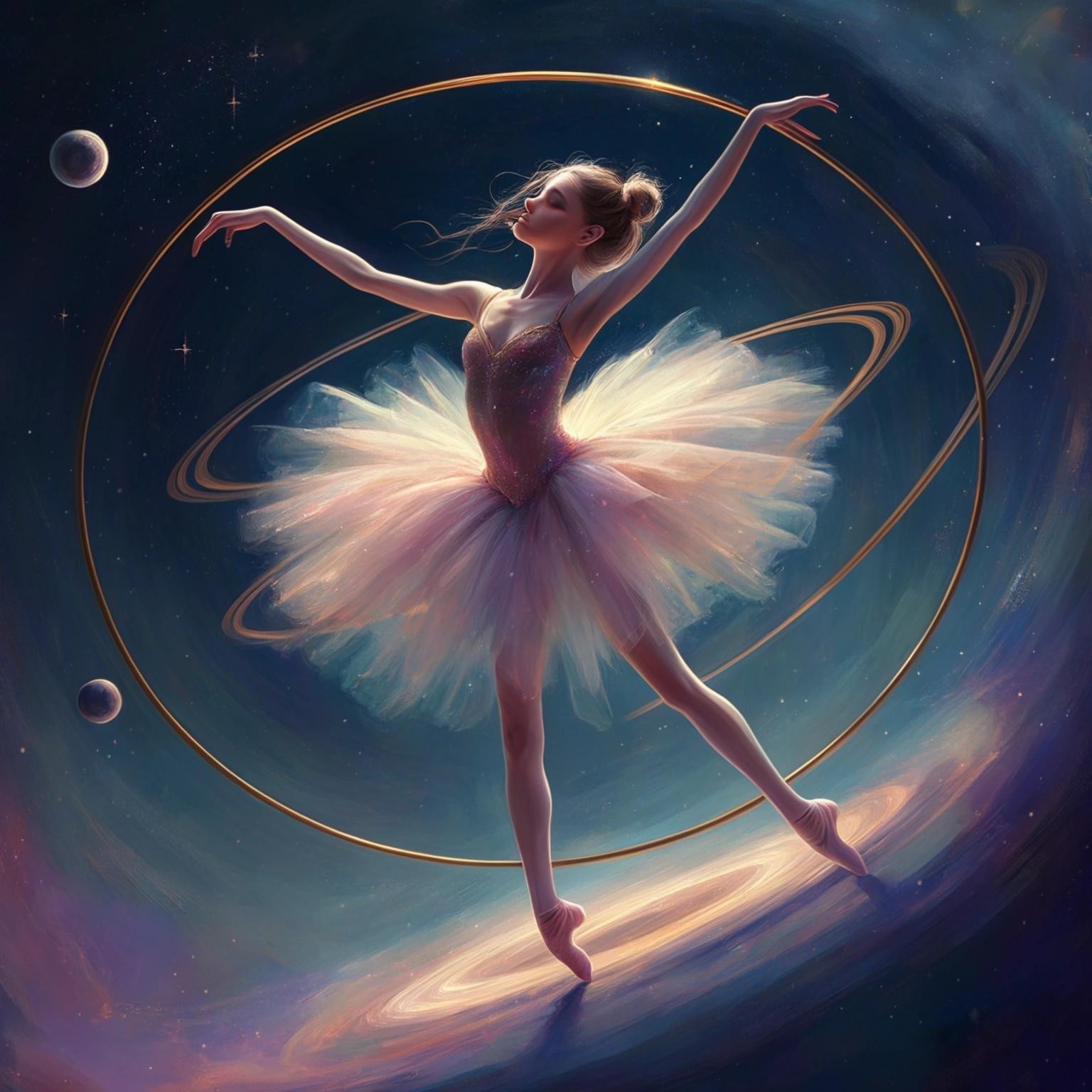 Image with seed 3639020117 generated via Stable Diffusion through @stablehorde@sigmoid.social. Prompt: elfin ballerina dancing on the rings of Saturn, digital painting, elegant, beautiful, very cute, cosmic