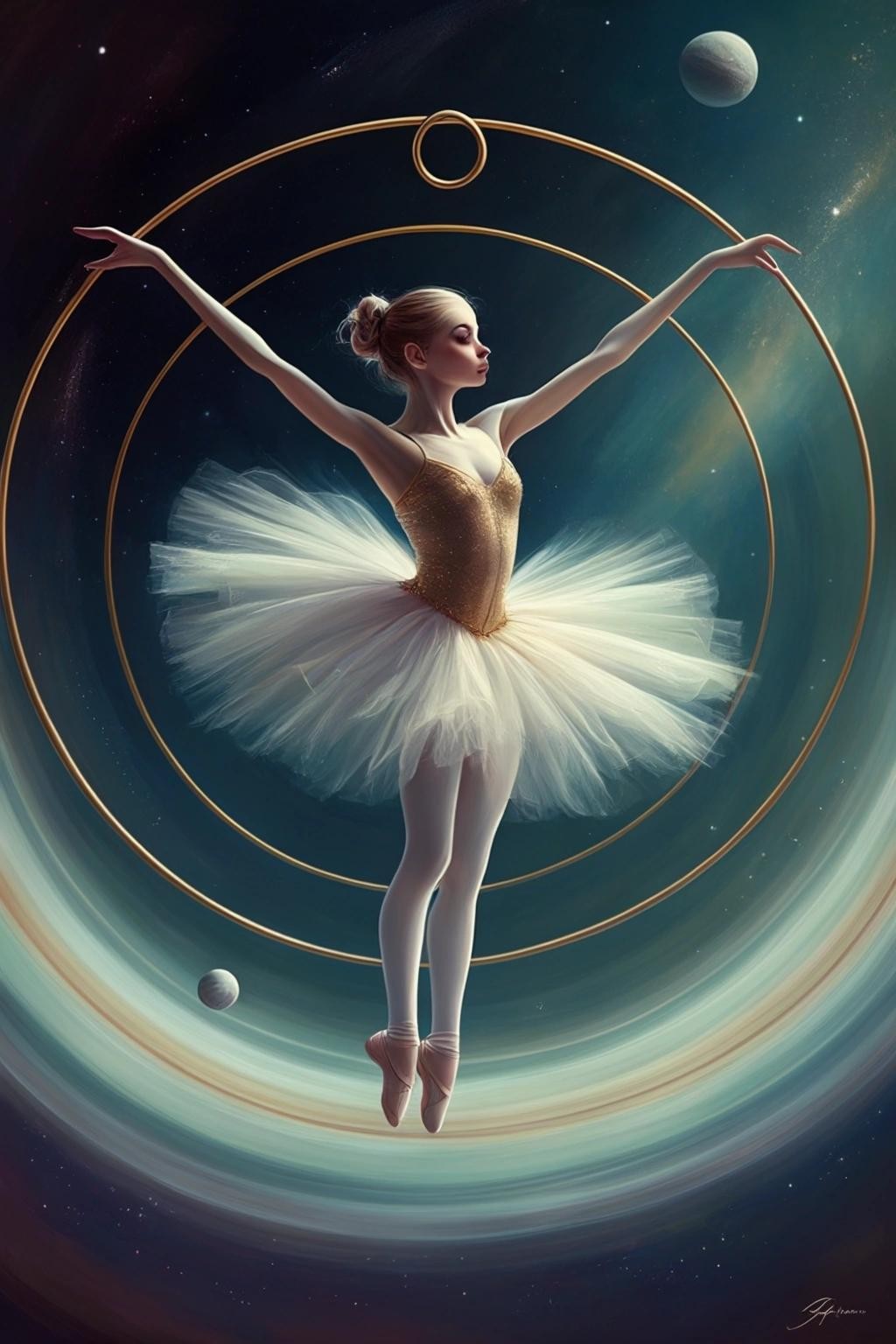 Image with seed 2325395562 generated via Stable Diffusion through @stablehorde@sigmoid.social. Prompt: elfin ballerina dancing on the rings of Saturn, digital painting, elegant, beautiful, very cute, cosmic