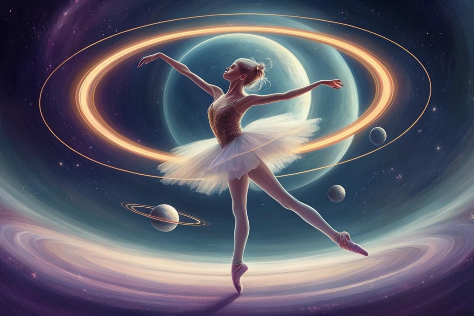 Image with seed 1562217517 generated via Stable Diffusion through @stablehorde@sigmoid.social. Prompt: elfin ballerina dancing on the rings of Saturn, digital painting, elegant, beautiful, very cute, cosmic