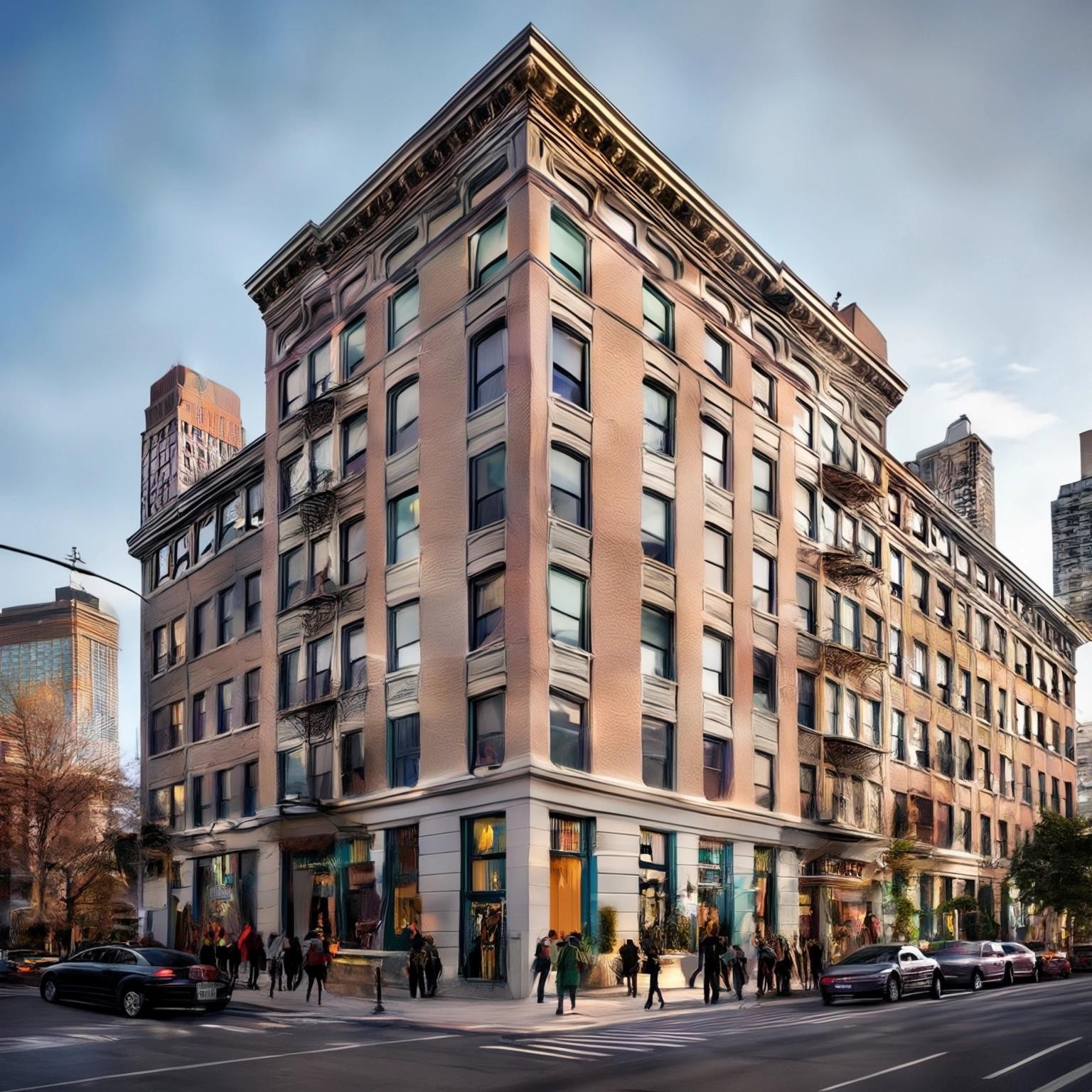 Image with seed 1824342129 generated via Stable Diffusion through @stablehorde@sigmoid.social. Prompt: a completely redesigned Trump tower but it's renamed The Immigrant Apartments with people of all nationalities leaning out of windows laughing and talking.  A free clinic and LGBTQ+ centre and ethnic cafe on the ground floor.