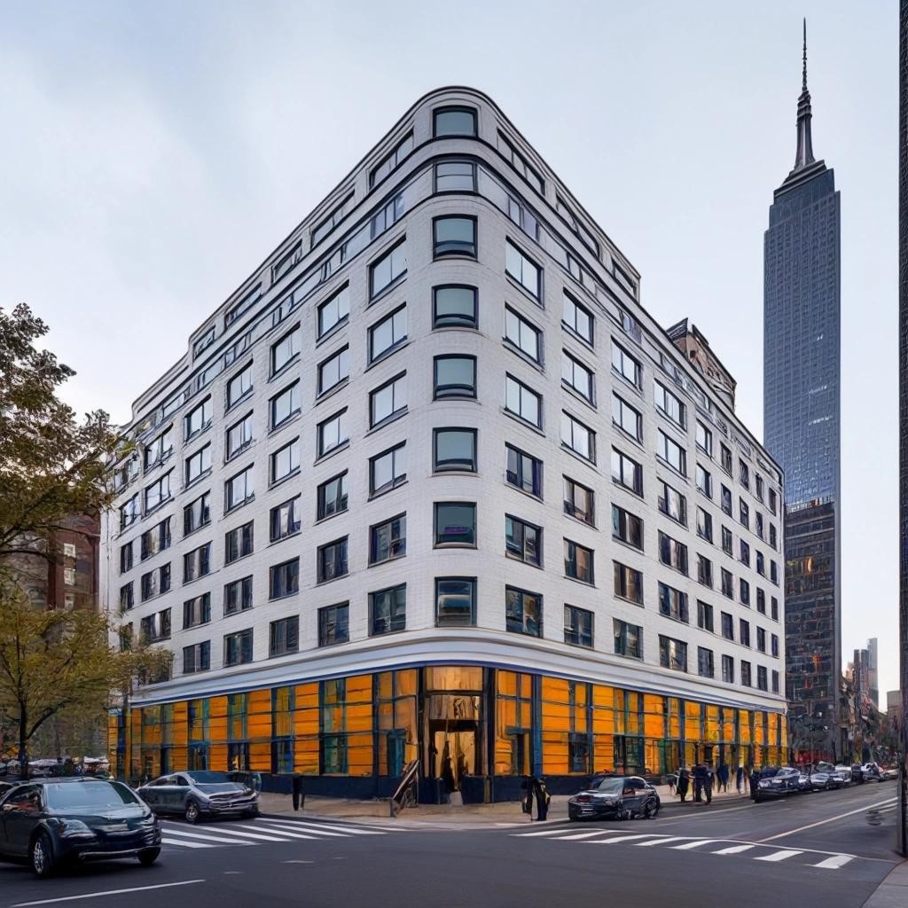 Image with seed 4152936668 generated via Stable Diffusion through @stablehorde@sigmoid.social. Prompt: a completely redesigned Trump tower but it's renamed The Immigrant Apartments with people of all nationalities leaning out of windows laughing and talking.  A free clinic and LGBTQ+ centre and ethnic cafe on the ground floor.