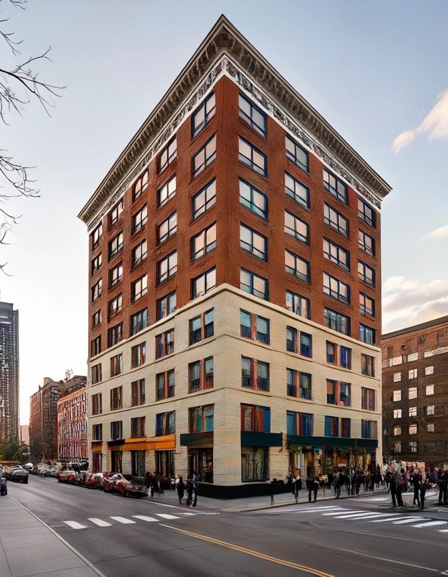 Image with seed 3470474699 generated via Stable Diffusion through @stablehorde@sigmoid.social. Prompt: a completely redesigned Trump tower but it's renamed The Immigrant Apartments with people of all nationalities leaning out of windows laughing and talking.  A free clinic and LGBTQ+ centre and ethnic cafe on the ground floor.