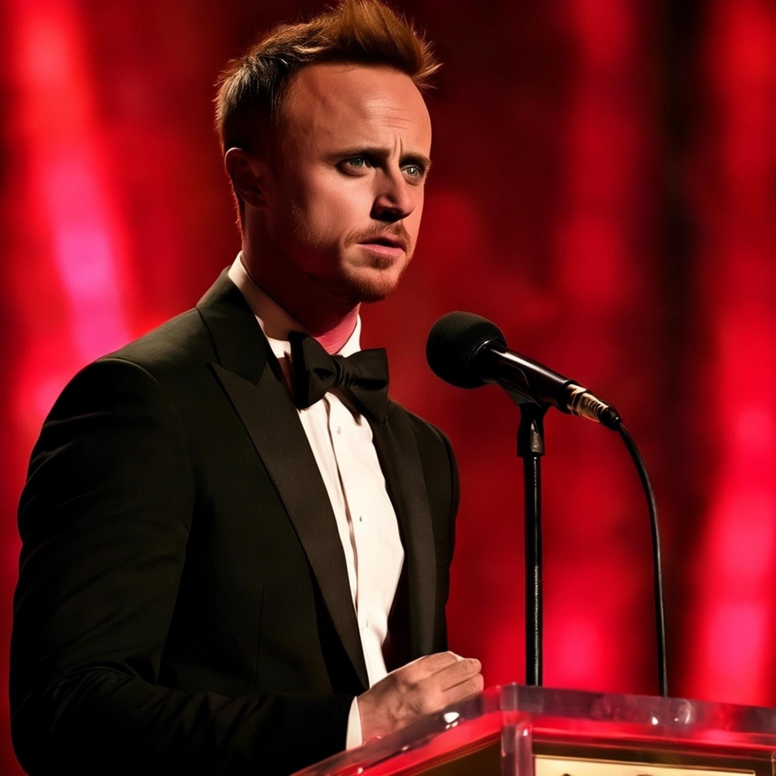 Image with seed 254028195 generated via Stable Diffusion through @stablehorde@sigmoid.social. Prompt: jesse pinkman nonchalantly accepting the "sexiest woman alive" award
