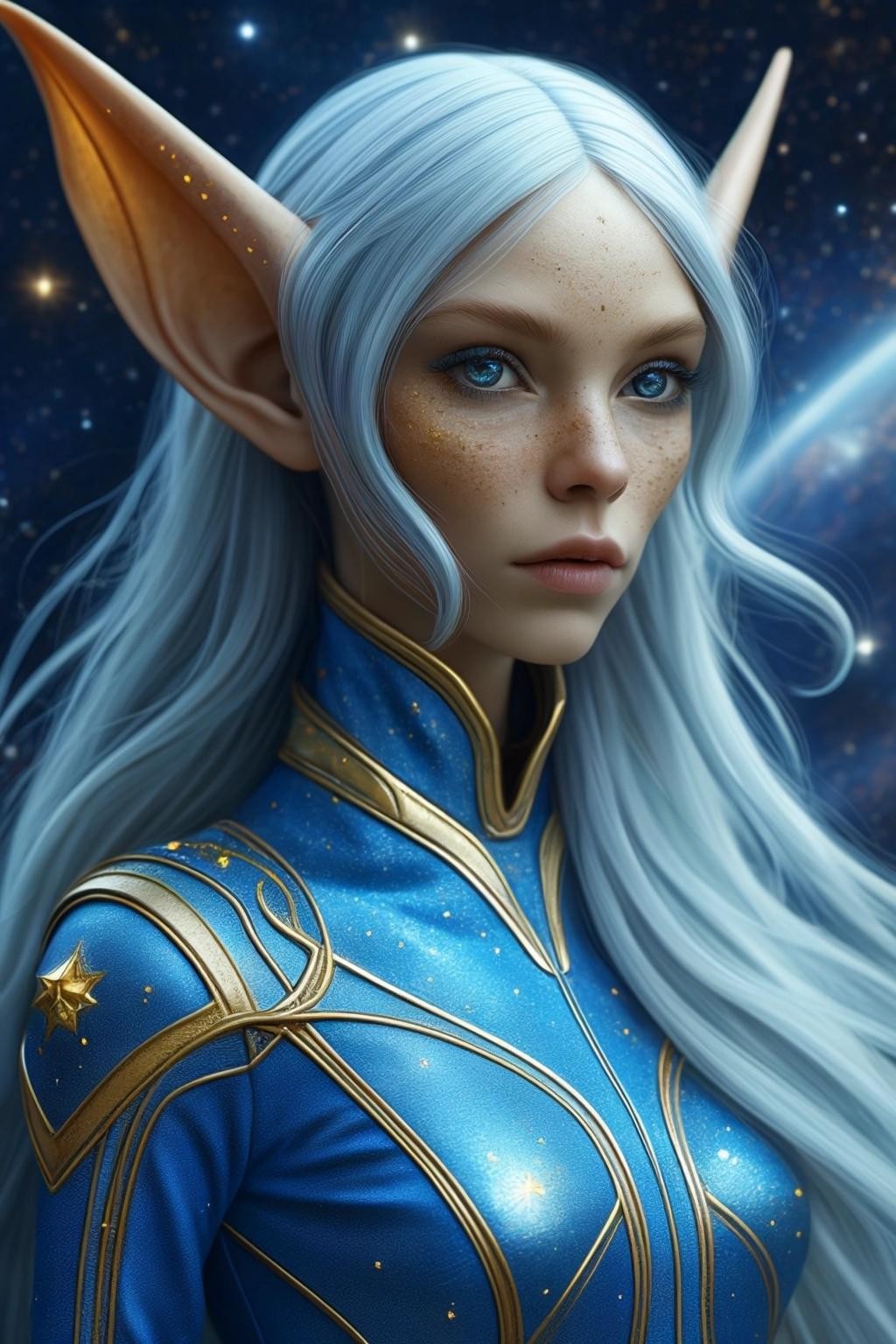 Image with seed 3304516322 generated via Stable Diffusion through @stablehorde@sigmoid.social. Prompt: Alien Space Elves on a mission, starship crew, pointy elf ears, blue skin, long golden hair, silver jumpsuit uniforms, whimsical, intricate, elfin, space fantasy, scifi, nebula, stars, outer space