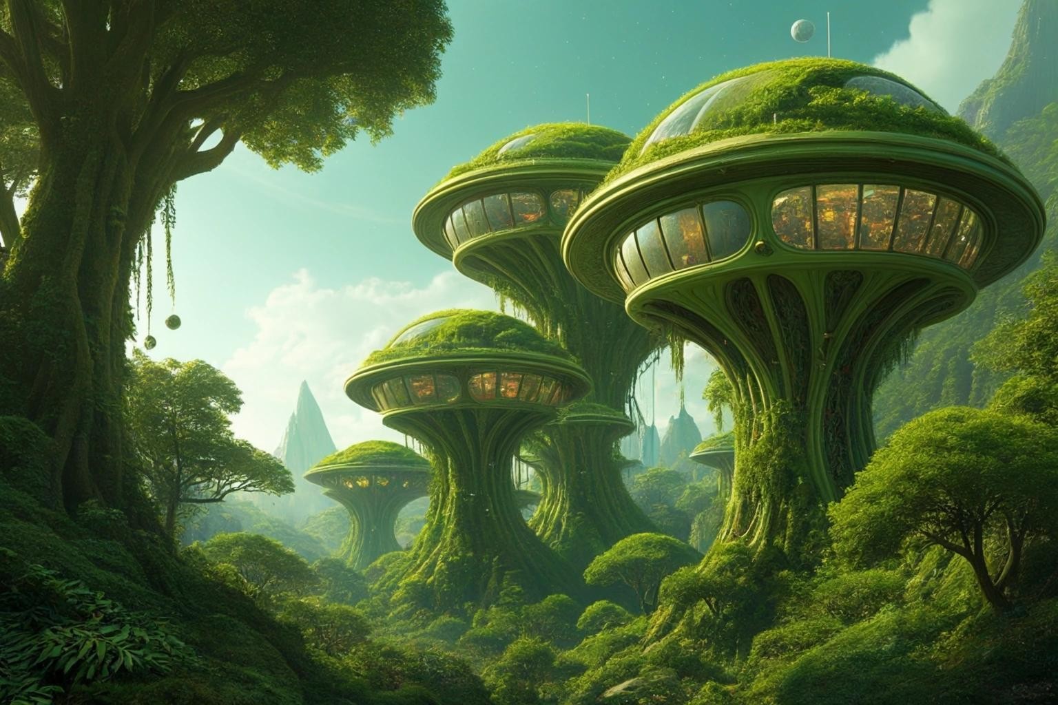 Image with seed 516169908 generated via Stable Diffusion through @stablehorde@sigmoid.social. Prompt: Planet of the Space Elves, a city of lush green biomorphic treehouses, fantasy, science fiction, scifi, far future, alien planet, lush vegetation, alien lifeforms, whimsical, fairy world
