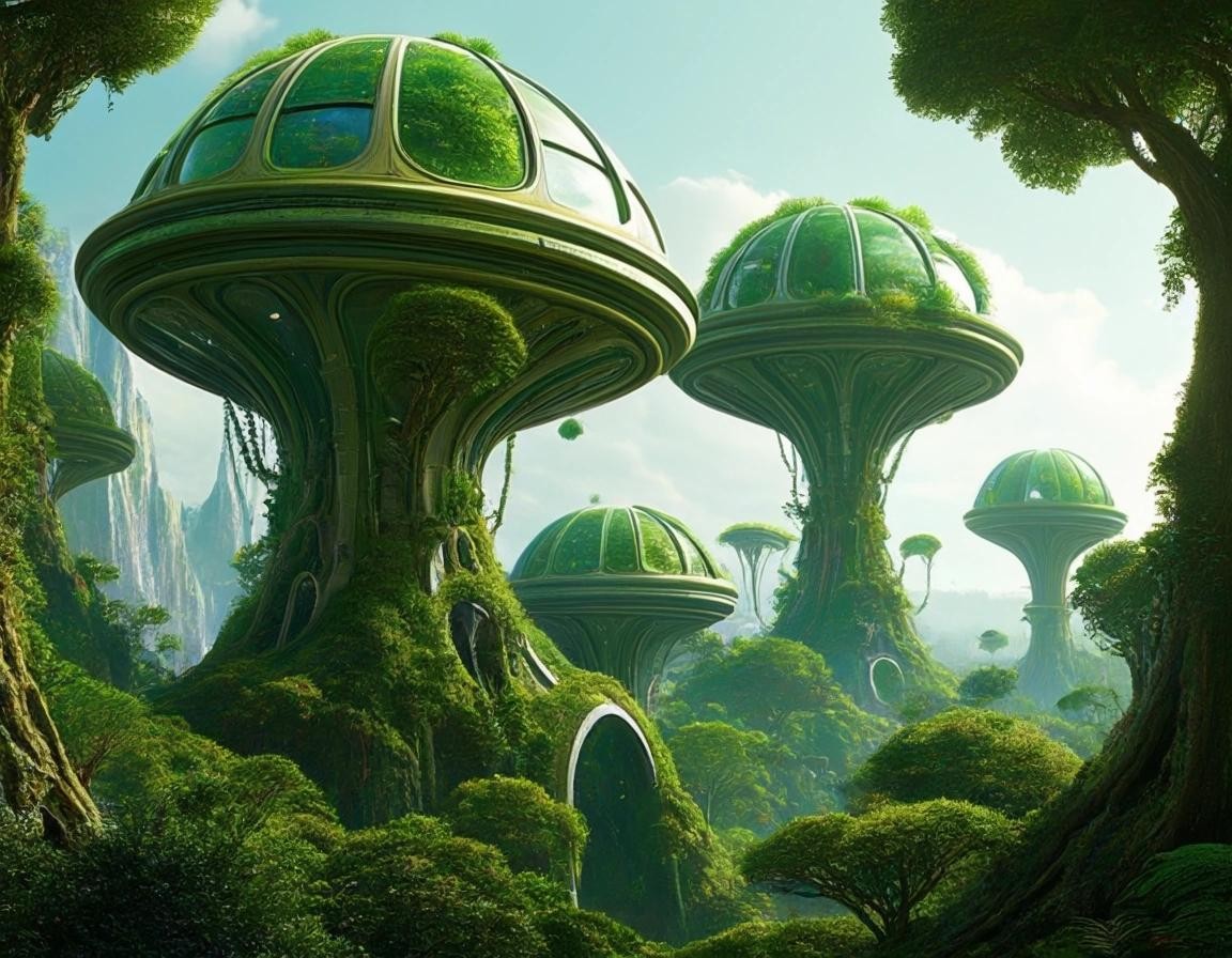 Image with seed 1155027544 generated via Stable Diffusion through @stablehorde@sigmoid.social. Prompt: Planet of the Space Elves, a city of lush green biomorphic treehouses, fantasy, science fiction, scifi, far future, alien planet, lush vegetation, alien lifeforms, whimsical, fairy world