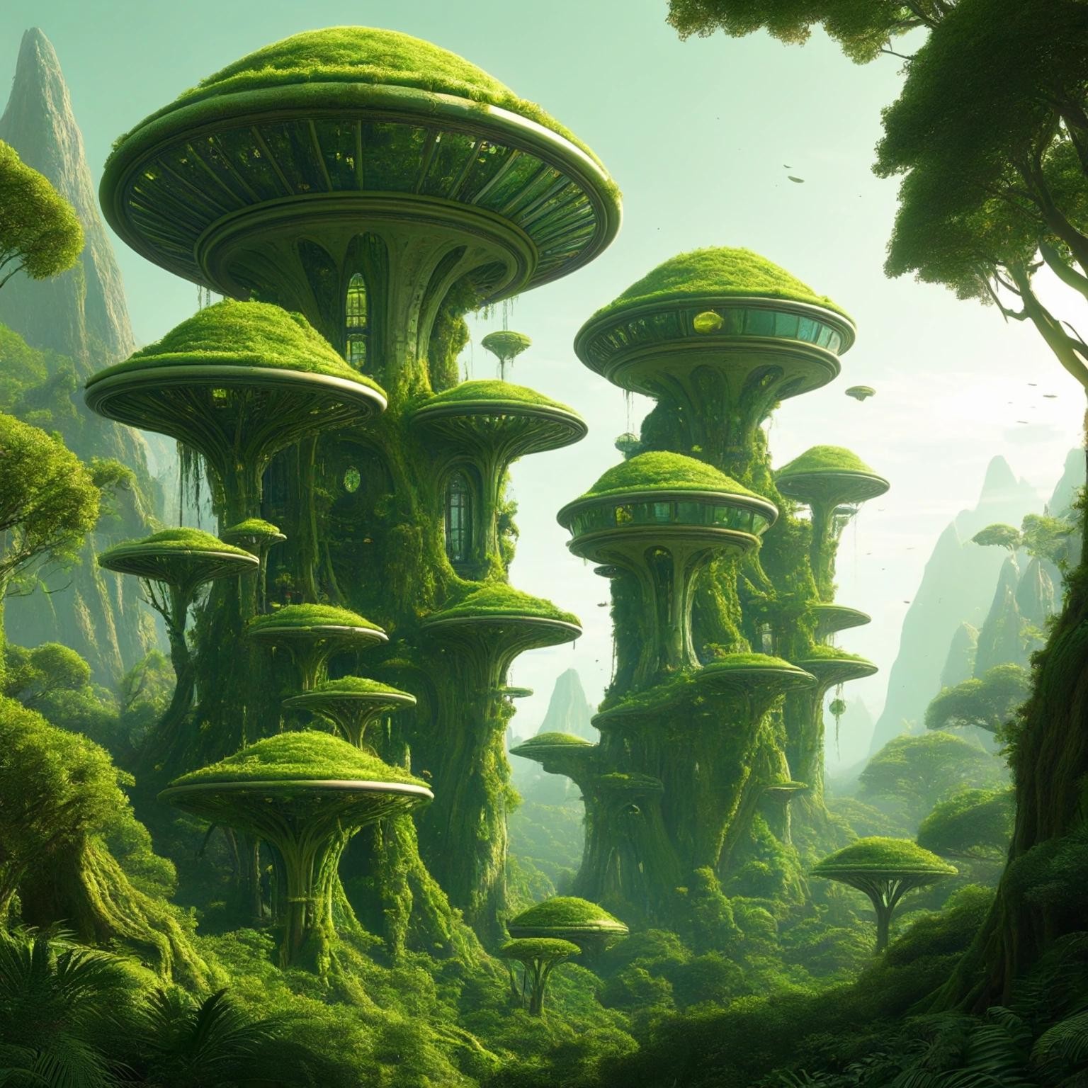Image with seed 2104859991 generated via Stable Diffusion through @stablehorde@sigmoid.social. Prompt: Planet of the Space Elves, a city of lush green biomorphic treehouses, fantasy, science fiction, scifi, far future, alien planet, lush vegetation, alien lifeforms, whimsical, fairy world