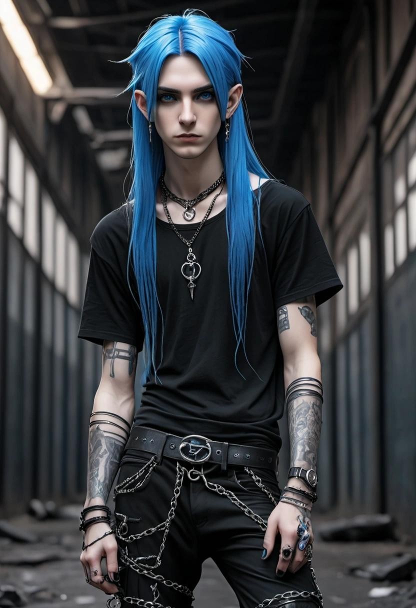 Image with seed 1079970577 generated via Stable Diffusion through @stablehorde@sigmoid.social. Prompt: Handsome Goth Boy Elf with long electric blue hair, black fishnet gloves, torn black t-shirt, silver bracelets, silver necklace, gothic silver jewelry, tight black vinyl trousers, cyberpunk goth 