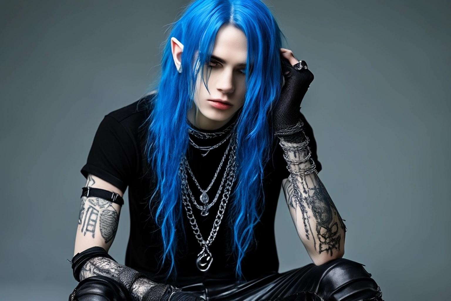 Image with seed 1104199310 generated via Stable Diffusion through @stablehorde@sigmoid.social. Prompt: Handsome Goth Boy Elf with long electric blue hair, black fishnet gloves, torn black t-shirt, silver bracelets, silver necklace, gothic silver jewelry, tight black vinyl trousers, cyberpunk goth