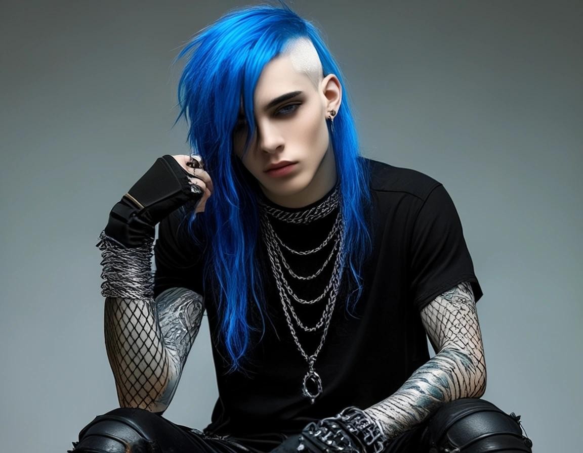Image with seed 50276096 generated via Stable Diffusion through @stablehorde@sigmoid.social. Prompt: Handsome Goth Boy Elf with long electric blue hair, black fishnet gloves, torn black t-shirt, silver bracelets, silver necklace, gothic silver jewelry, tight black vinyl trousers, cyberpunk goth