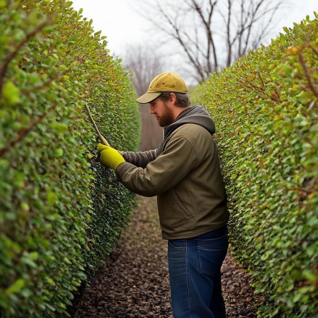 Image with seed 959190622 generated via Stable Diffusion through @stablehorde@sigmoid.social. Prompt: alex tax1a pruning an osage orange hedge