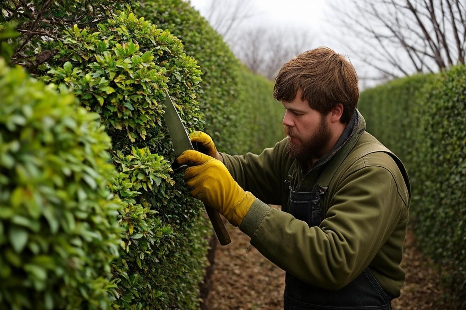 Image with seed 1219445326 generated via Stable Diffusion through @stablehorde@sigmoid.social. Prompt: alex tax1a pruning an osage orange hedge