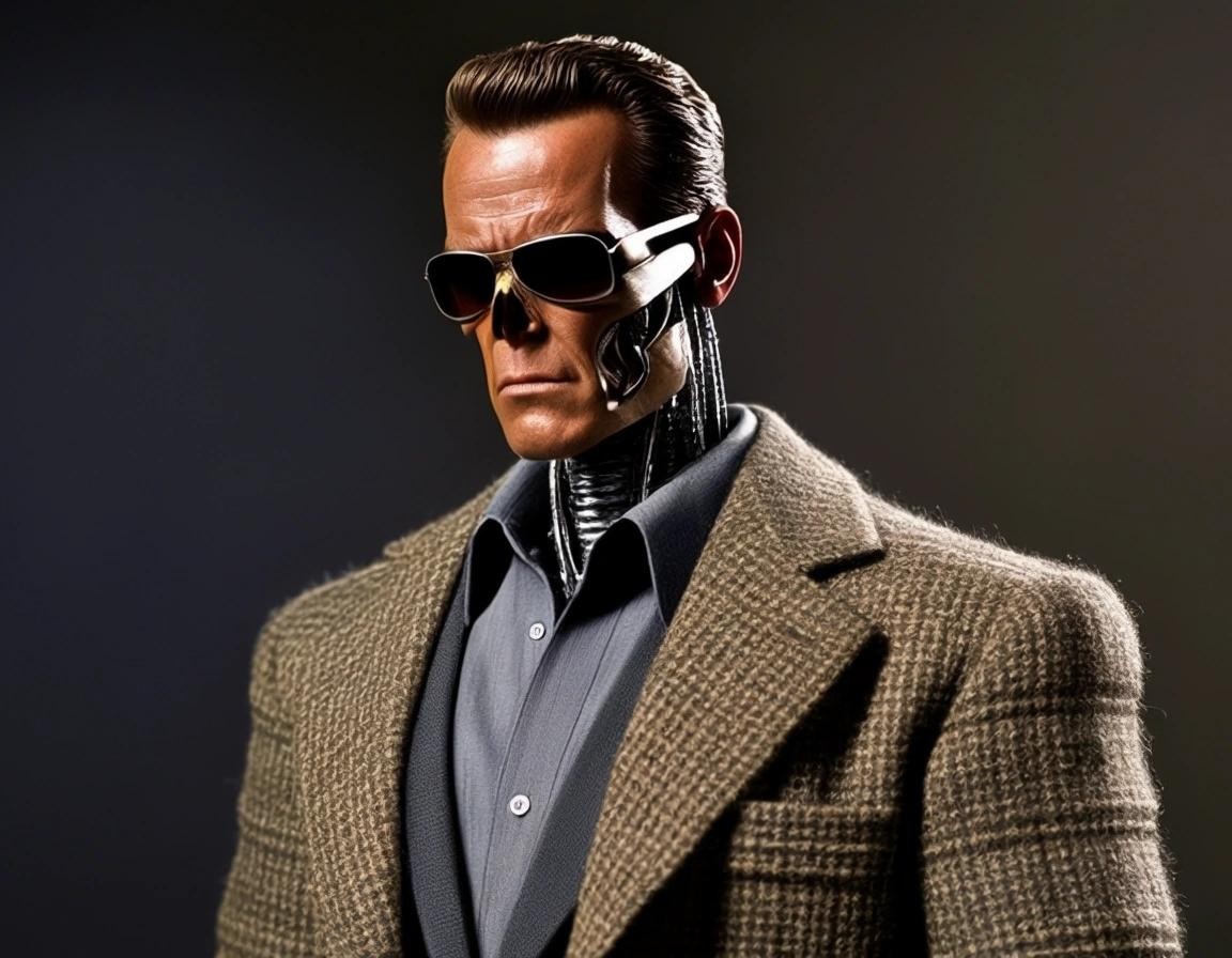 Image with seed 395623850 generated via Stable Diffusion through @stablehorde@sigmoid.social. Prompt: the terminator in a tweed jacket saying "I need a sabbatical"