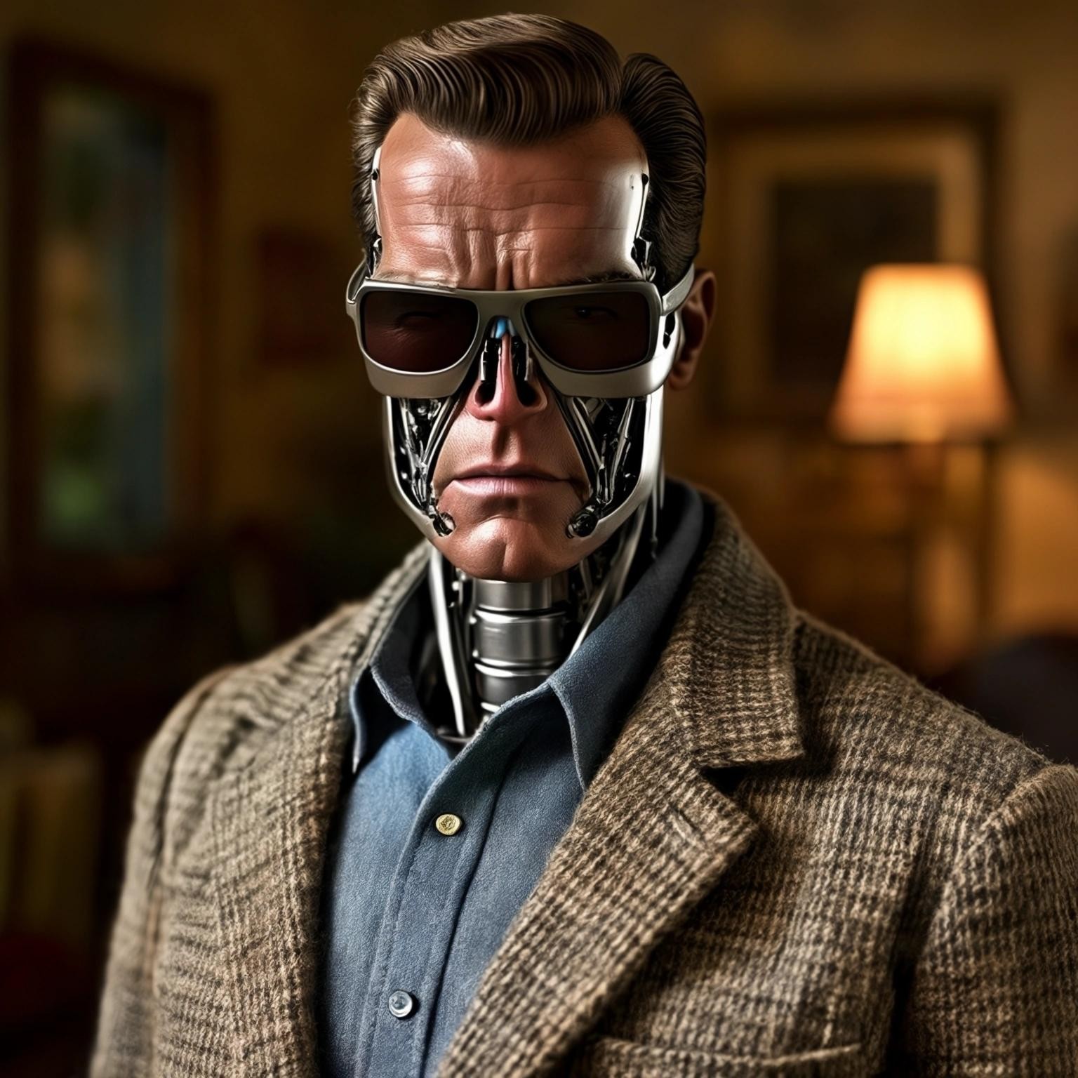 Image with seed 3842240142 generated via Stable Diffusion through @stablehorde@sigmoid.social. Prompt: the terminator in a tweed jacket saying "I need a sabbatical"