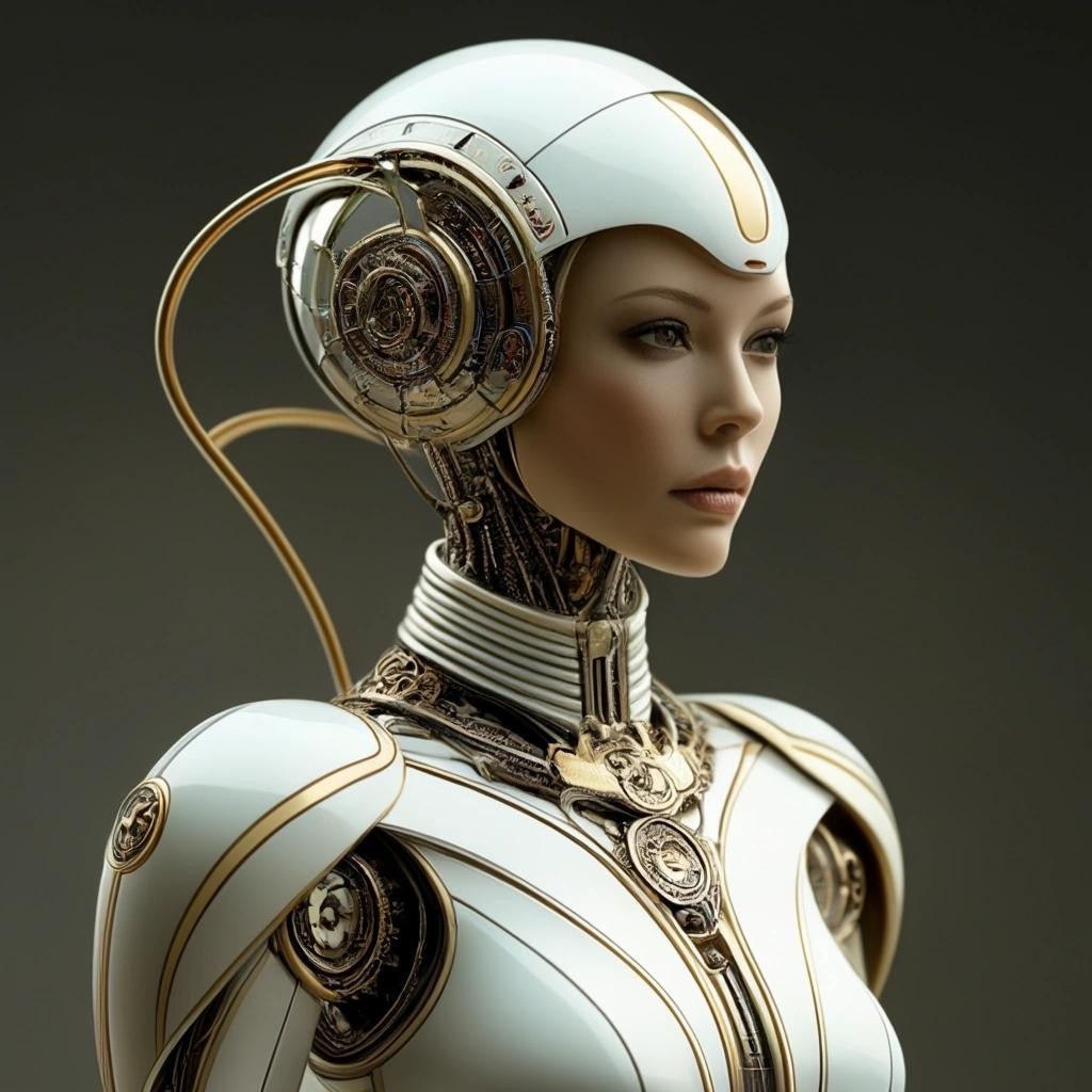 Image with seed 1888590 generated via Stable Diffusion through @stablehorde@sigmoid.social. Prompt: beautiful elegant biodroid lady wearing 35th century truuk fashion, android, cyborg, far future, space opera, star wars, moebius