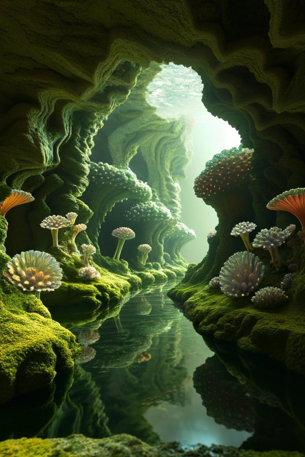 Image with seed 3780694115 generated via Stable Diffusion through @stablehorde@sigmoid.social. Prompt: Inside a 3d fractal mandelbulb cave there is a mandelbrot pond with fractal fish, fractal moss growing on moist fractal rocks, raytracing, cgi
