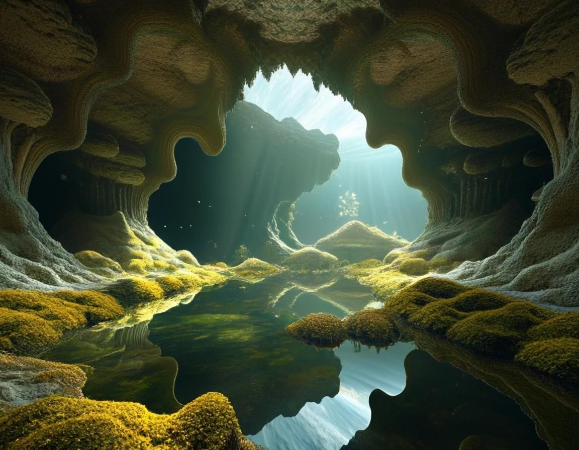 Image with seed 2808544883 generated via Stable Diffusion through @stablehorde@sigmoid.social. Prompt: Inside a 3d fractal mandelbulb cave there is a mandelbrot pond with fractal fish, fractal moss growing on moist fractal rocks, raytracing, cgi