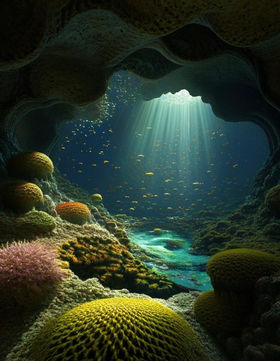 Image with seed 2798560155 generated via Stable Diffusion through @stablehorde@sigmoid.social. Prompt: Inside a 3d fractal mandelbulb cave there is a mandelbrot pond with fractal fish, fractal moss growing on moist fractal rocks, raytracing, cgi