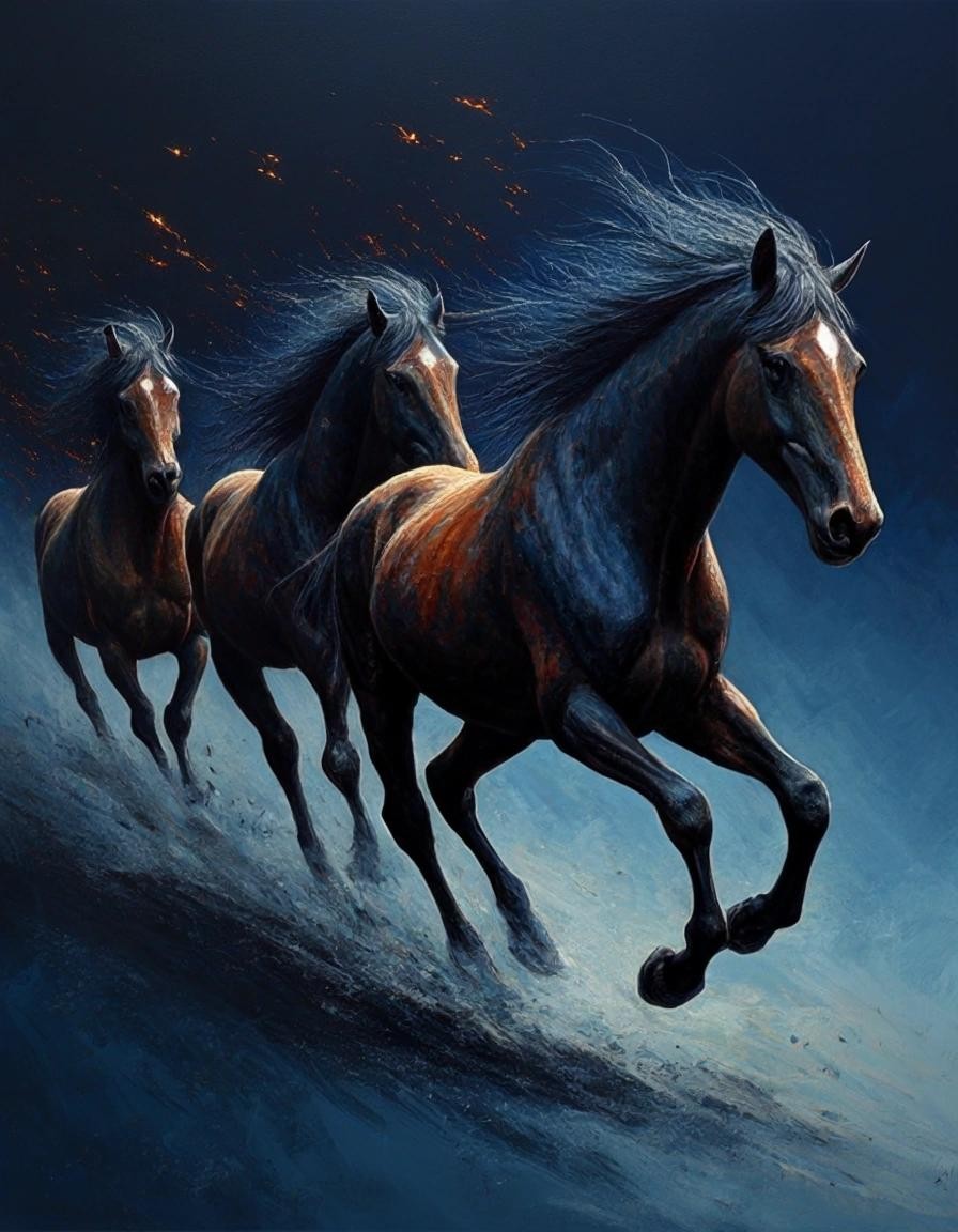 Image with seed 828910432 generated via Stable Diffusion through @stablehorde@sigmoid.social. Prompt: A horrifying creature consisting of many horses all part of the one. They are galloping and surging somehow across a dark and indistinct background of dark blues and charcoal, with tiny stars. they are in dark browns, dark blues with accents of orange and red.