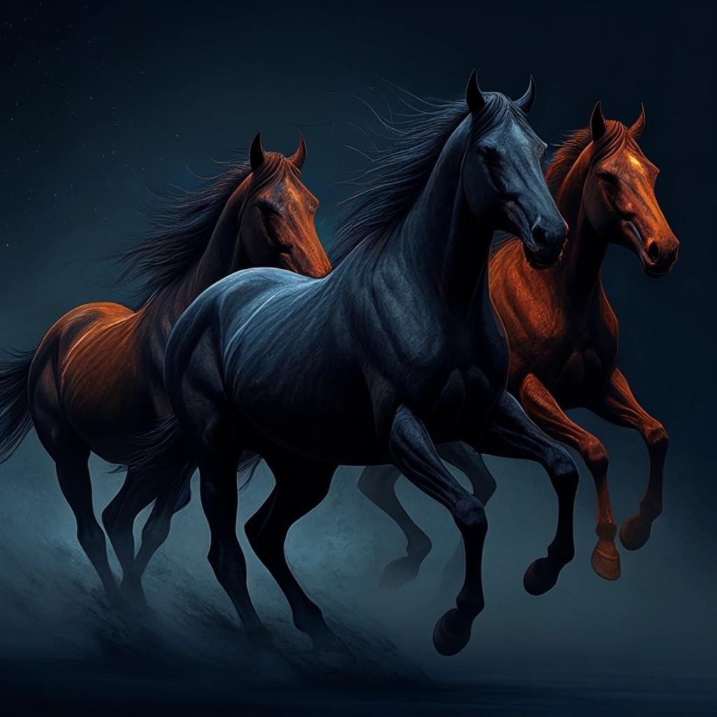 Image with seed 312144413 generated via Stable Diffusion through @stablehorde@sigmoid.social. Prompt: A horrifying creature consisting of many horses all part of the one. They are galloping and surging somehow across a dark and indistinct background of dark blues and charcoal, with tiny stars. they are in dark browns, dark blues with accents of orange and red.