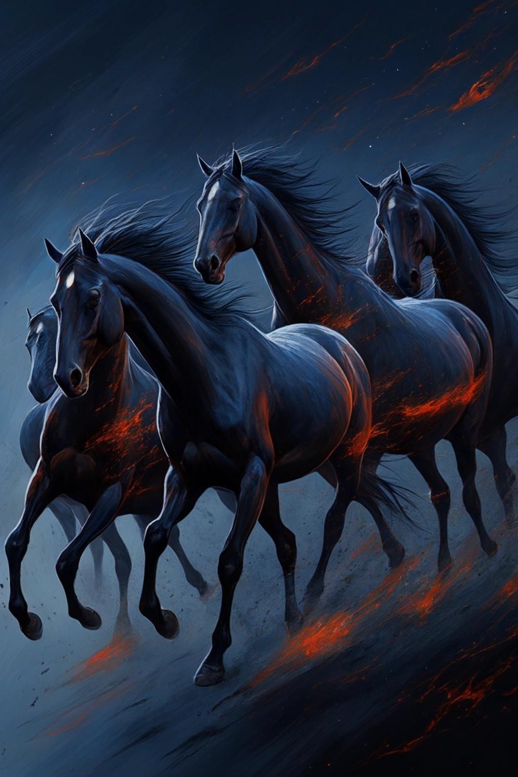 Image with seed 4119344527 generated via Stable Diffusion through @stablehorde@sigmoid.social. Prompt: A horrifying creature consisting of many horses all part of the one. They are galloping and surging somehow across a dark and indistinct background of dark blues and charcoal, with tiny stars. they are in dark browns, dark blues with accents of orange and red.