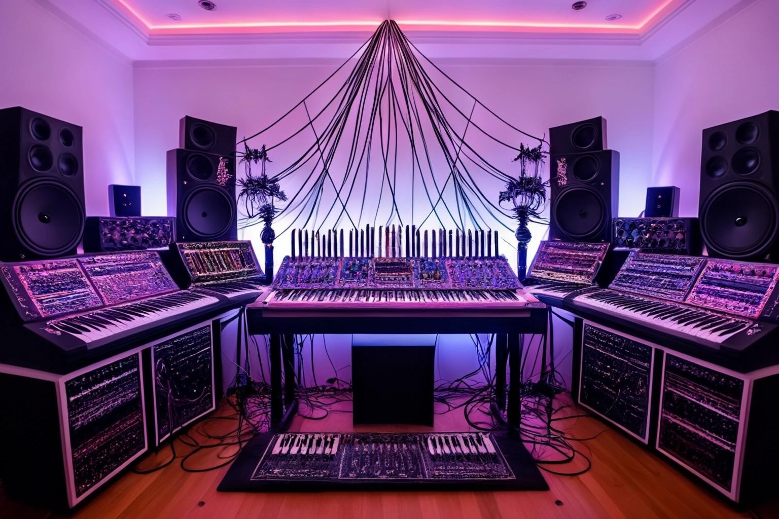 Image with seed 3084830596 generated via Stable Diffusion through @stablehorde@sigmoid.social. Prompt: Synthesizer Altar for the Goddess of Electronic Music, built from midi keyboards, synth modules, mixer consoles, audio studio equipment, many cables, tesla coils emitting arc lightning
