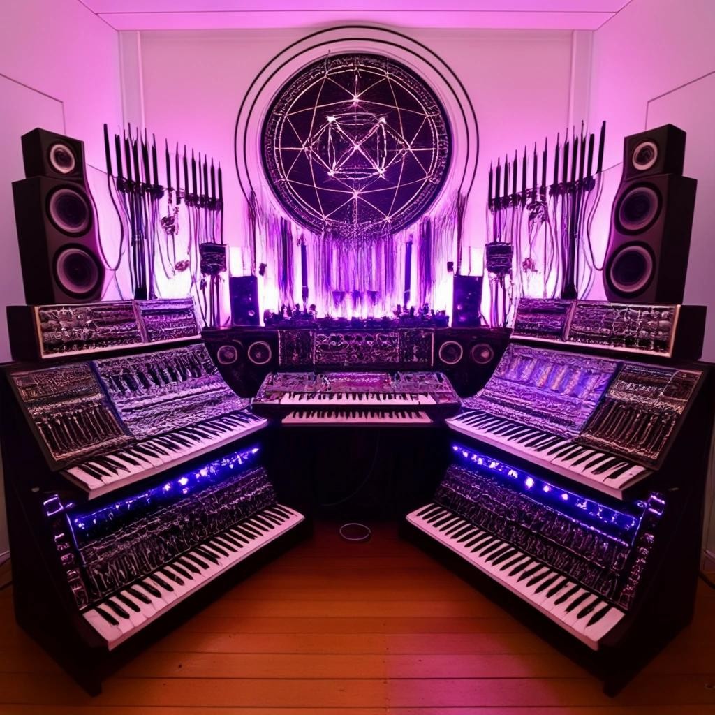 Image with seed 637147906 generated via Stable Diffusion through @stablehorde@sigmoid.social. Prompt: Synthesizer Altar for the Goddess of Electronic Music, built from midi keyboards, synth modules, mixer consoles, audio studio equipment, many cables, tesla coils emitting arc lightning