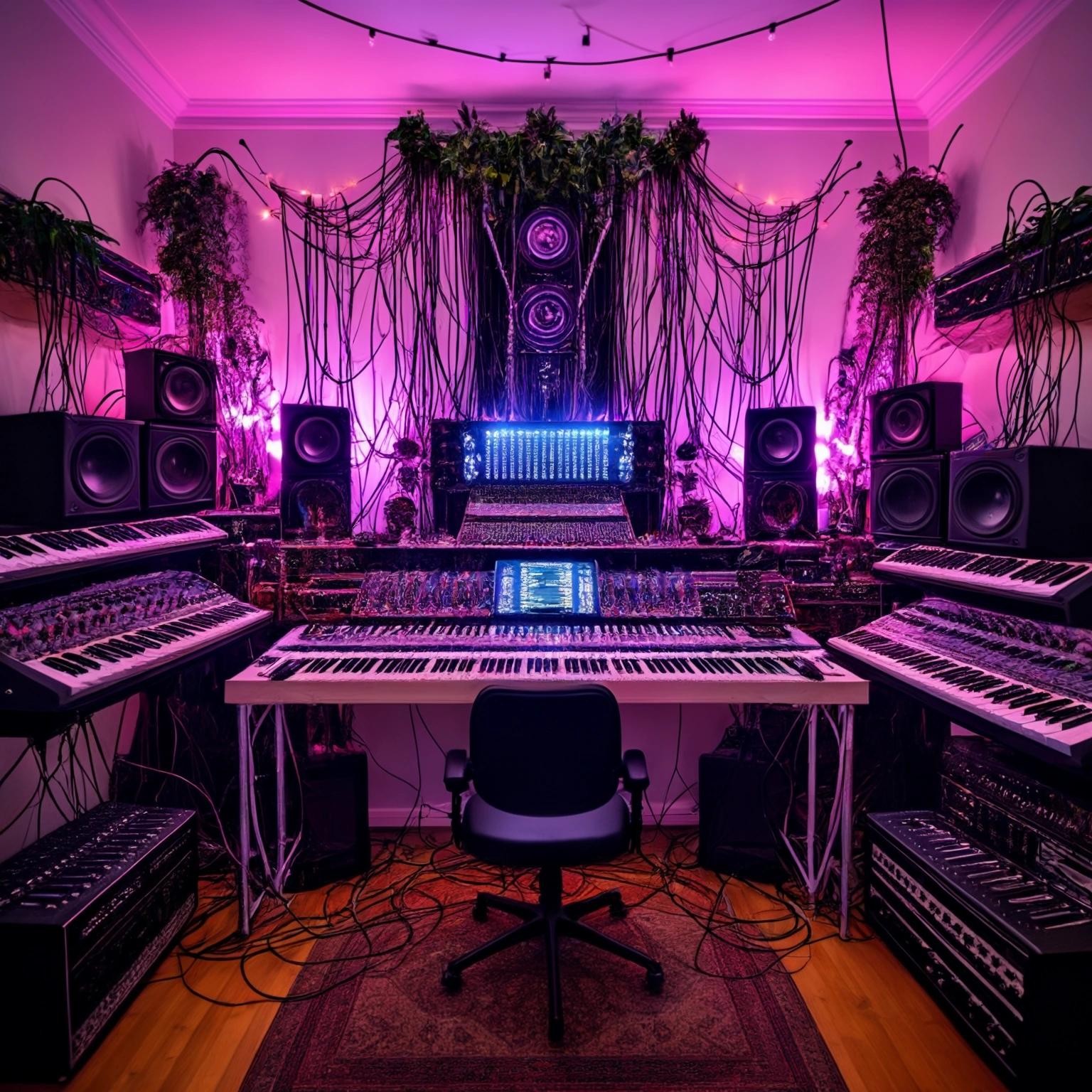 Image with seed 130578789 generated via Stable Diffusion through @stablehorde@sigmoid.social. Prompt: Synthesizer Altar for the Goddess of Electronic Music, built from midi keyboards, synth modules, mixer consoles, audio studio equipment, many cables, tesla coils emitting arc lightning