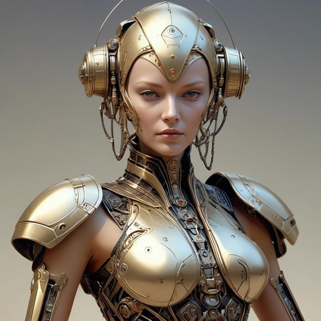 Image with seed 3800144639 generated via Stable Diffusion through @stablehorde@sigmoid.social. Prompt: beautiful elegant biodroid lady wearing 35th century truuk fashion, android, cyborg, far future, space opera, star wars, moebius 