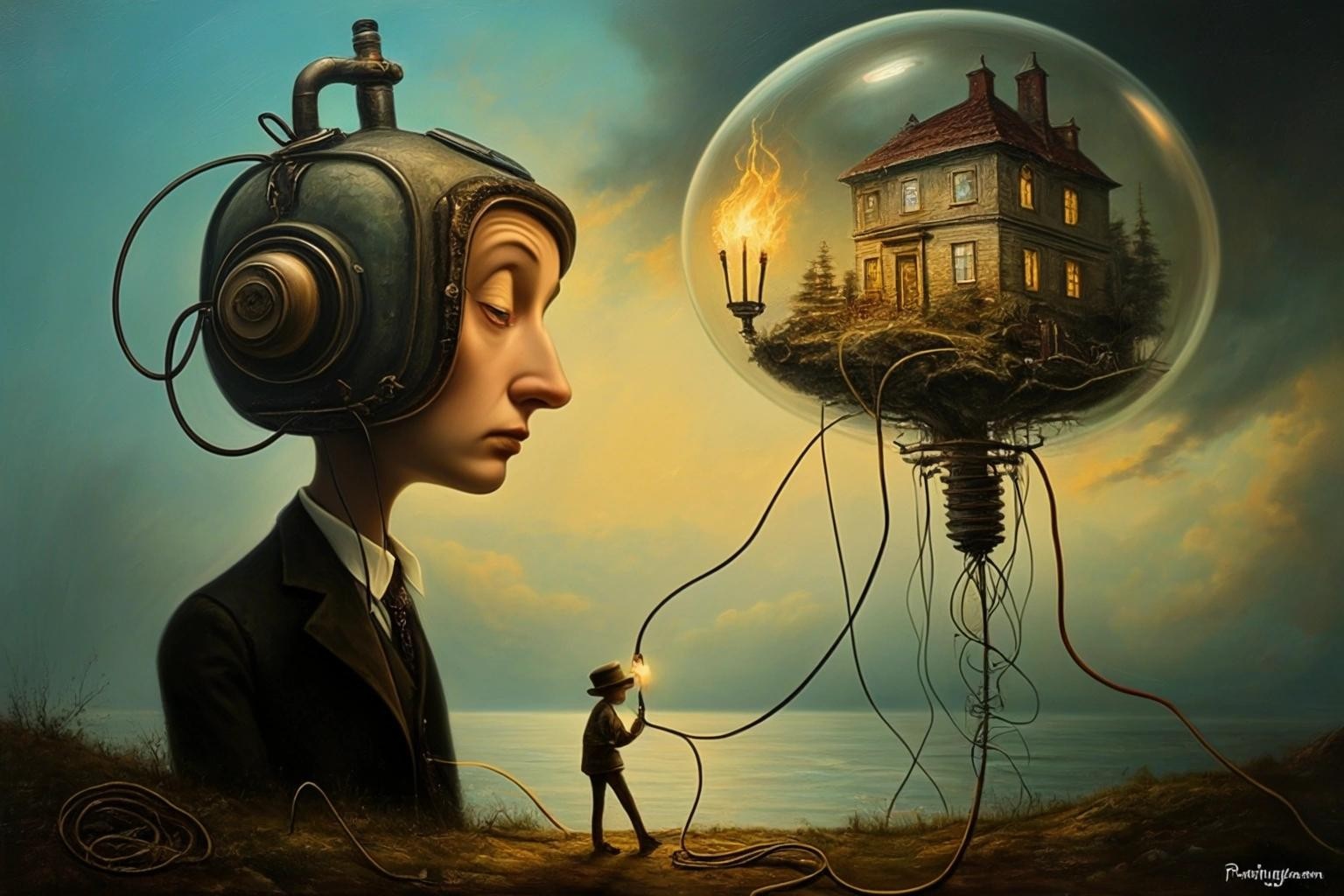 Image with seed 3799237870 generated via Stable Diffusion through @stablehorde@sigmoid.social. Prompt: Close-up image. 'Unplug it then plug it in again'. surreal, person, fantasy, oil painting steampunk SALVADOR DALI Alexander Jansson Erik Johansson Rafat Oblinski