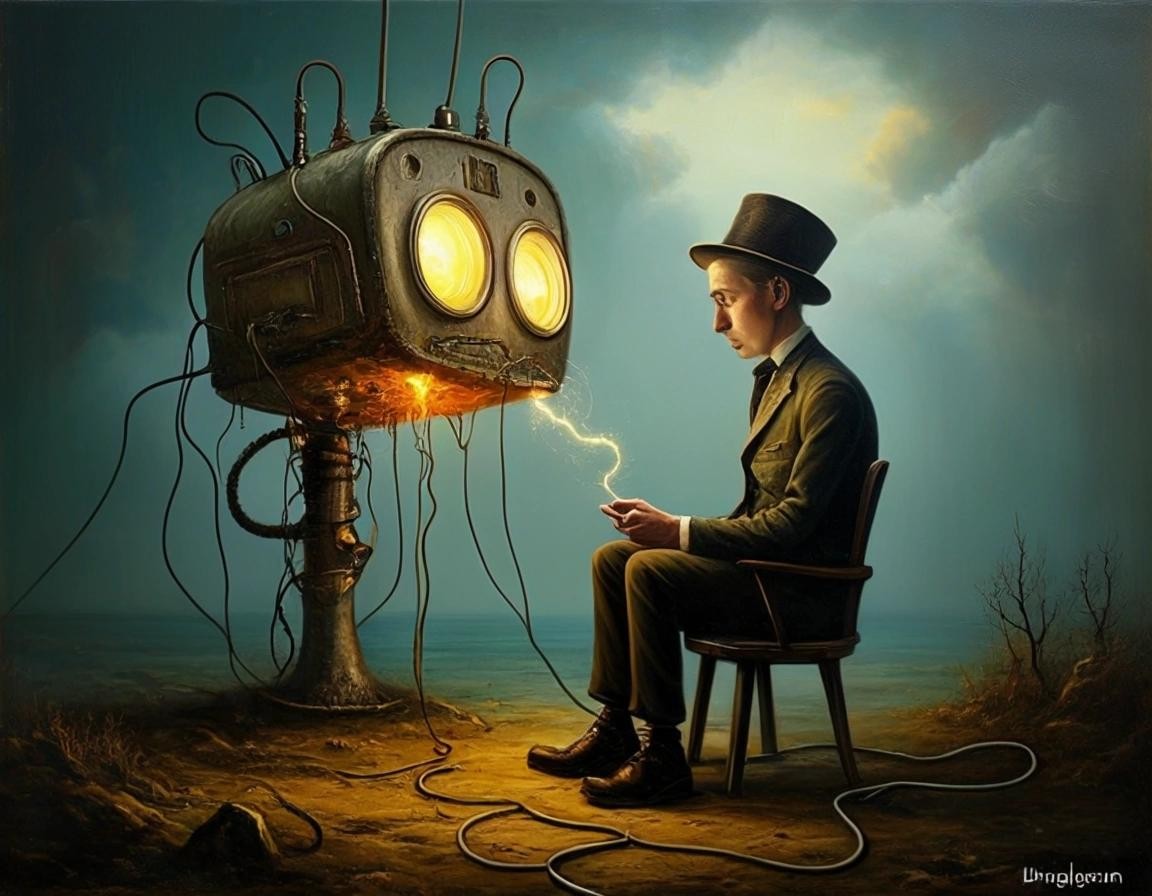 Image with seed 345996658 generated via Stable Diffusion through @stablehorde@sigmoid.social. Prompt: Close-up image. 'Unplug it then plug it in again'. surreal, person, fantasy, oil painting steampunk SALVADOR DALI Alexander Jansson Erik Johansson Rafat Oblinski