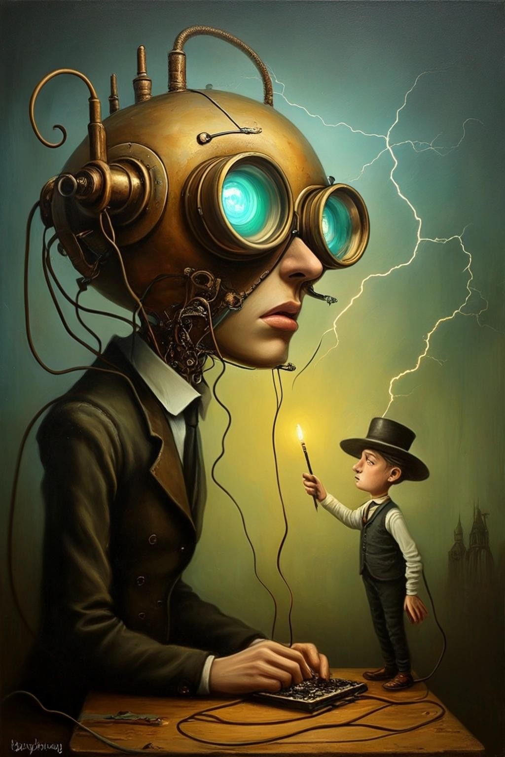 Image with seed 3376528188 generated via Stable Diffusion through @stablehorde@sigmoid.social. Prompt: Close-up image. 'Unplug it then plug it in again'. surreal, person, fantasy, oil painting steampunk SALVADOR DALI Alexander Jansson Erik Johansson Rafat Oblinski