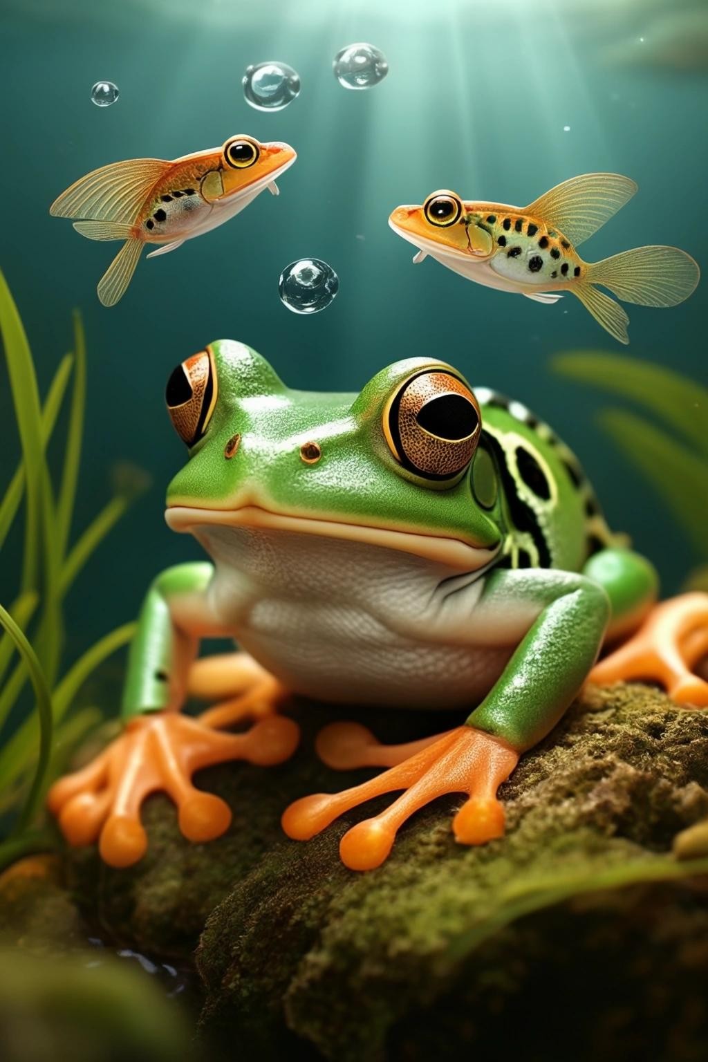 Image with seed 91537632 generated via Stable Diffusion through @stablehorde@sigmoid.social. Prompt: froggies and fishies and flutterbies, oh my!