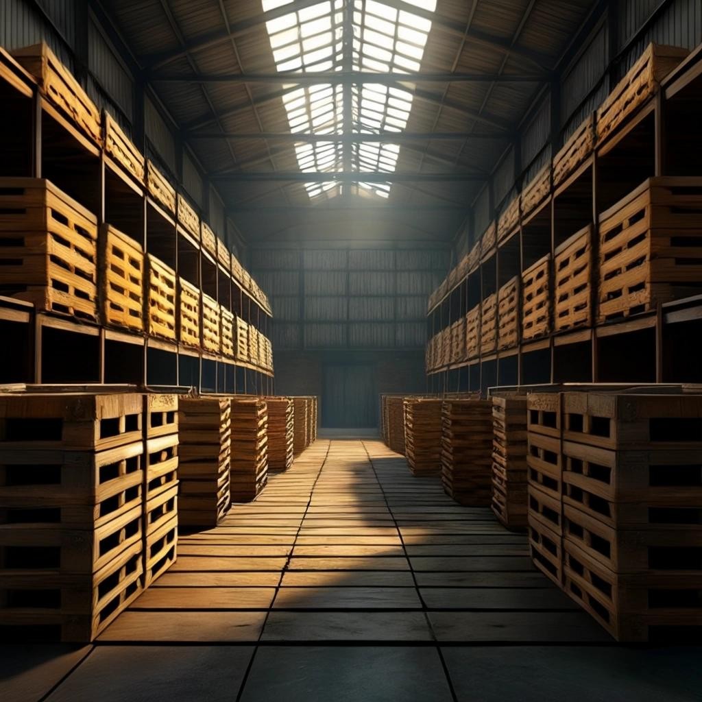 Image with seed 3276269499 generated via Stable Diffusion through @stablehorde@sigmoid.social. Prompt: a warehouse filled with generic wooden crates, animated tv show screenshot, high definition