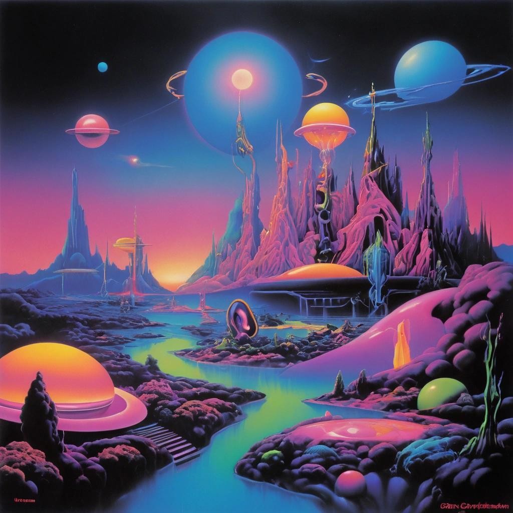 Image with seed 2833498022 generated via Stable Diffusion through @stablehorde@sigmoid.social. Prompt: Neon Dreamscape Odyssey by The Synaptic Sirens, 1980s new wave album cover, surrealist enigmatic airbrush art, surrealism 