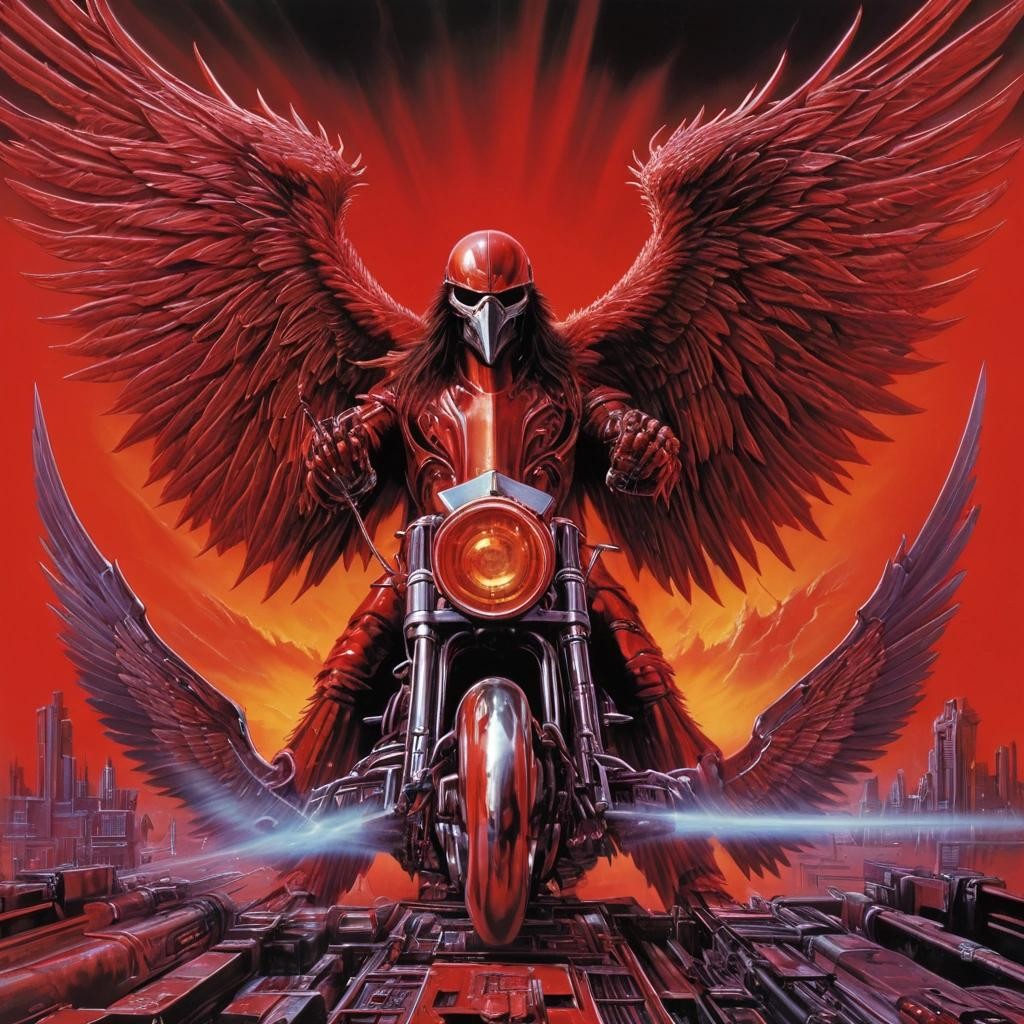Image with seed 1894835727 generated via Stable Diffusion through @stablehorde@sigmoid.social. Prompt: Steel Eagle, heavy metal, hard rock, album cover, red background, 1980s, cyberpunk, high detail, poster, colourful, science fiction, Airbrush art 