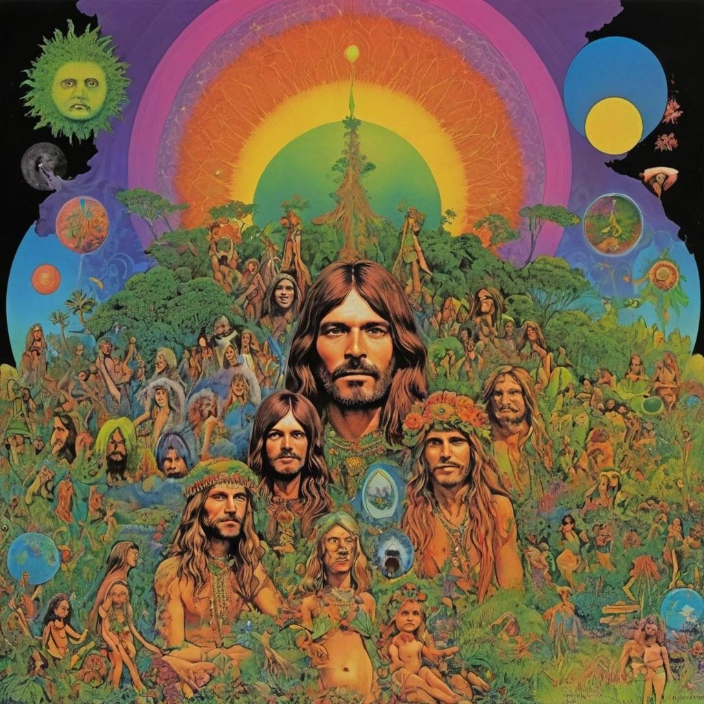 Image with seed 3604012469 generated via Stable Diffusion through @stablehorde@sigmoid.social. Prompt: Mother Nature Father Culture, 1969 psychedelic rock album cover, hippie, neopagan, poster art, high detail 