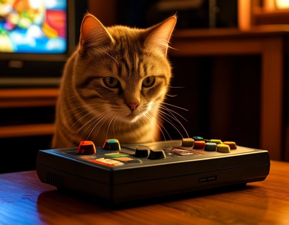 Image with seed 1528875717 generated via Stable Diffusion through @stablehorde@sigmoid.social. Prompt: a cat playing the NeoGeo game console
