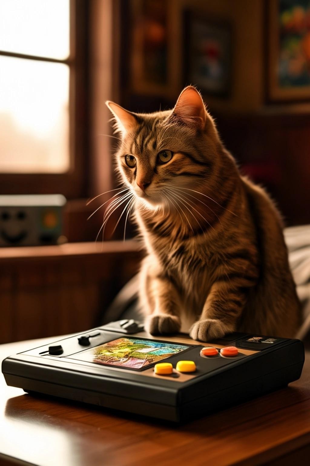 Image with seed 664458755 generated via Stable Diffusion through @stablehorde@sigmoid.social. Prompt: a cat playing the NeoGeo game console