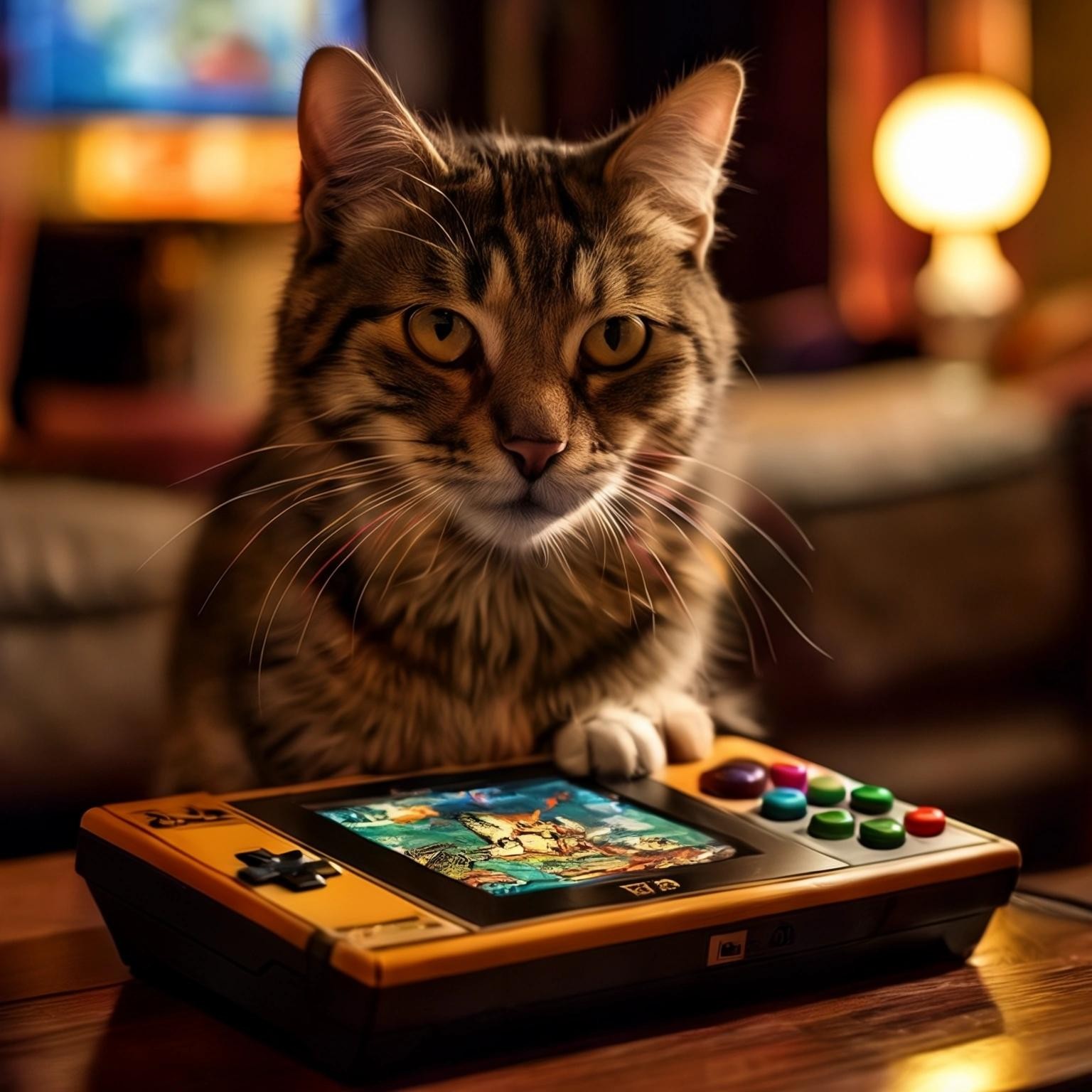 Image with seed 3946369343 generated via Stable Diffusion through @stablehorde@sigmoid.social. Prompt: a cat playing the NeoGeo game console