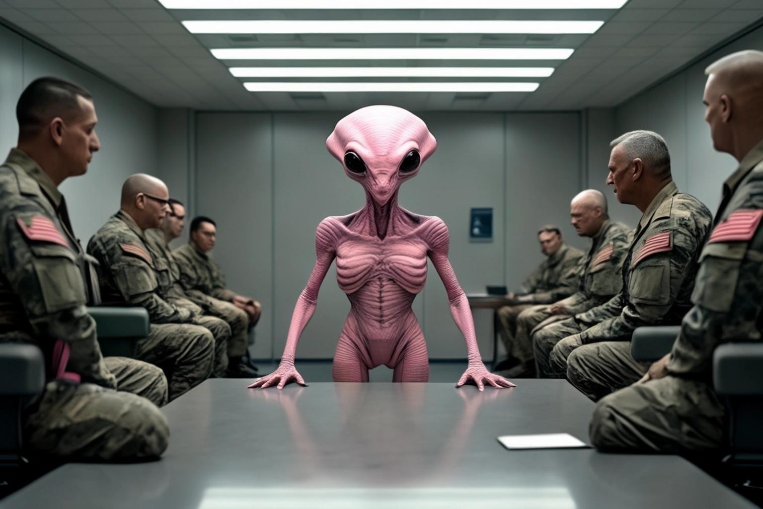 Image with seed 1634713638 generated via Stable Diffusion through @stablehorde@sigmoid.social. Prompt: a picture of a gray space alien wearing pink booty shorts having a meeting with military leaders in the Pentagon.