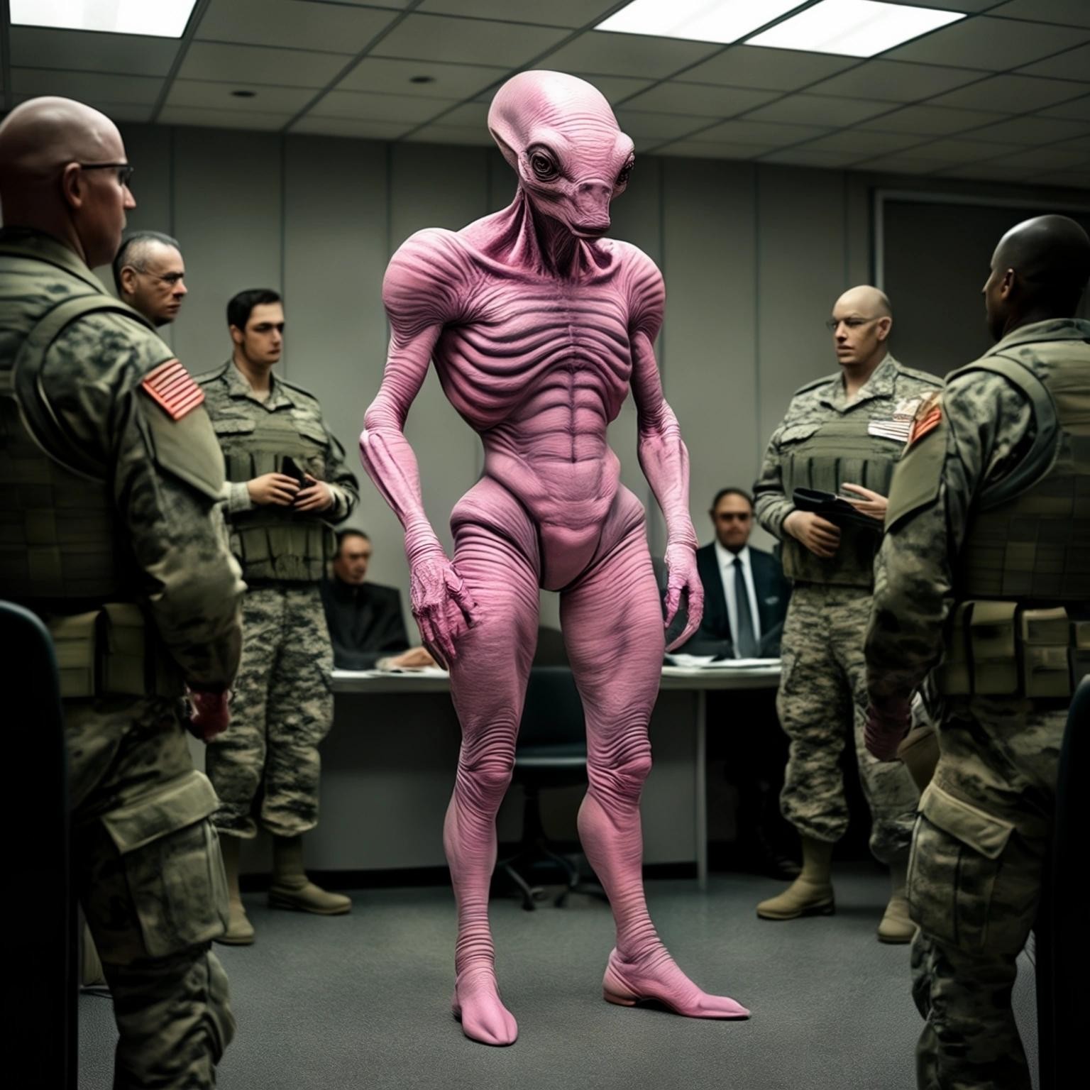 Image with seed 537446854 generated via Stable Diffusion through @stablehorde@sigmoid.social. Prompt: a picture of a gray space alien wearing pink booty shorts having a meeting with military leaders in the Pentagon.