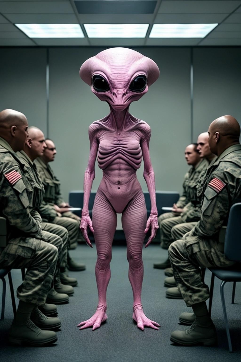 Image with seed 4013535731 generated via Stable Diffusion through @stablehorde@sigmoid.social. Prompt: a picture of a gray space alien wearing pink booty shorts having a meeting with military leaders in the Pentagon.